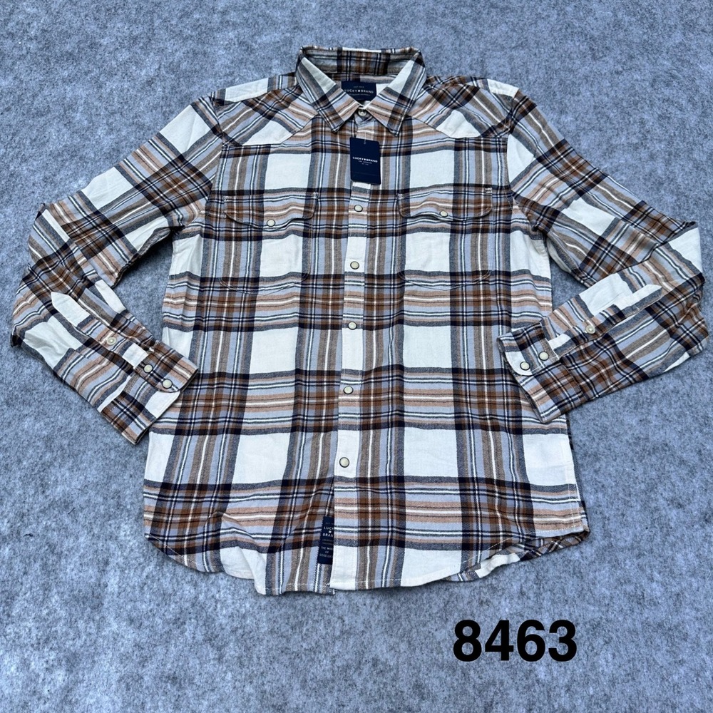Lucky Brand Western Pearl Snap Shirt Mens Small Brown Plaid NWT Stretch Flannel